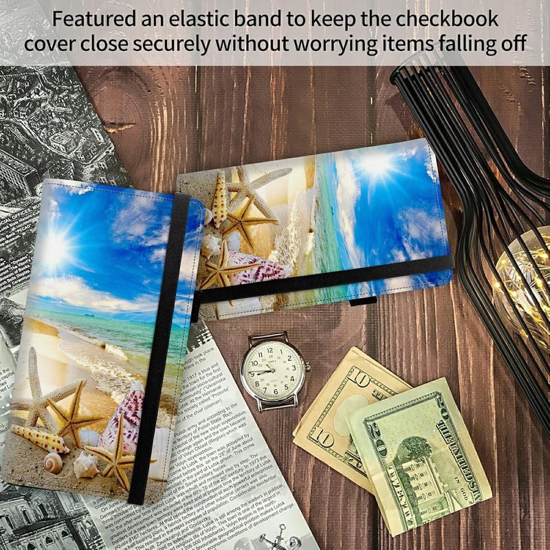 FUYOCWE Leather Checkbook Covers for Men Women Check Book Holder Cover Wallets for Personal Checkbook Duplicate Checks with RFID Blocking & Elastic Strap-Beautiful Beach Seashells - Image 4